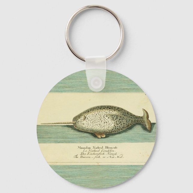 Narwhal Antique Whale Watercolor Scientific Art Key Ring (Front)