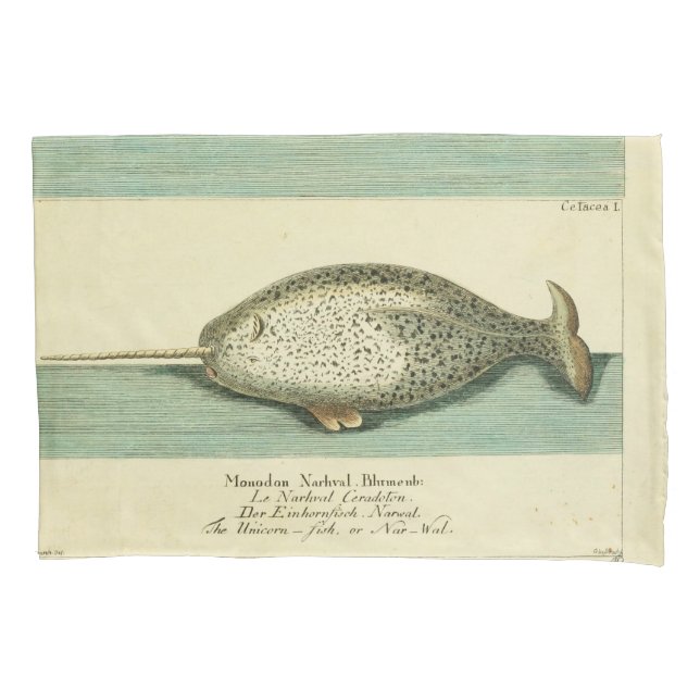 Narwhal Antique Whale Watercolor Scientific Art Pillowcase (Front)