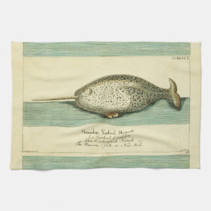 Narwhal Antique Whale Watercolor Scientific Art Tea Towel