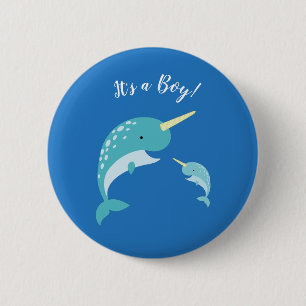 Narwhal Baby Shower Blue Boy Whale 6 Cm Round Badge