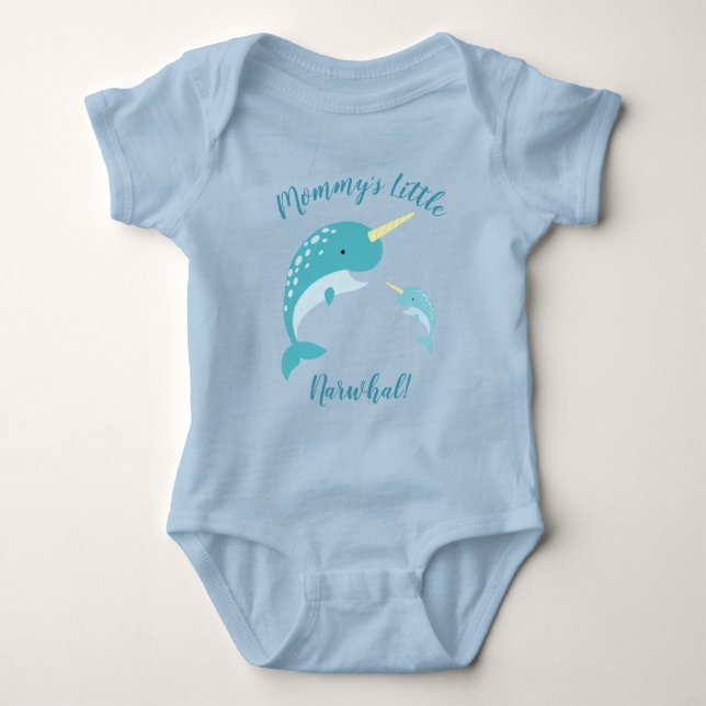Narwhal Baby Shower Blue Boy Whale Baby Bodysuit (Front)