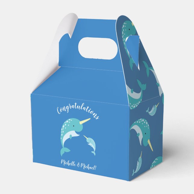 Narwhal Baby Shower Blue Boy Whale Favour Box (Front Side)