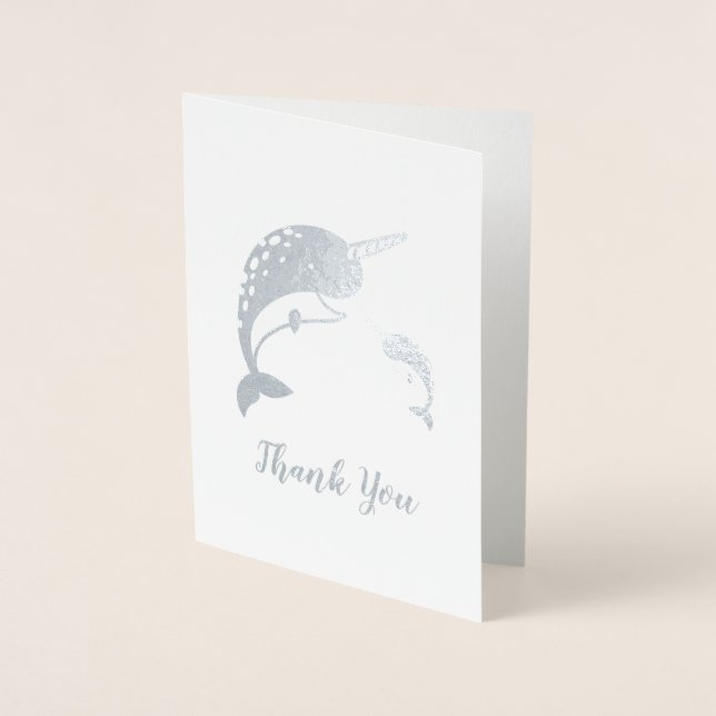 Narwhal Baby Shower Blue Boy Whale Foil Card (Front)