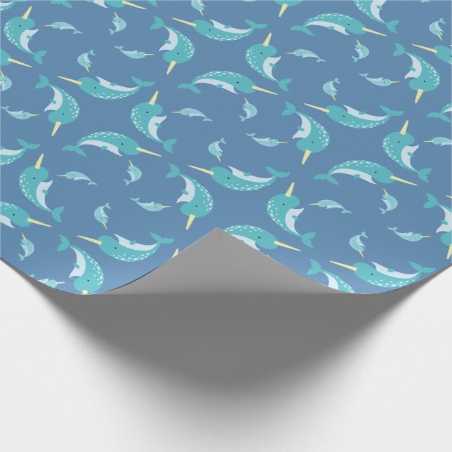Narwhal Baby Shower Blue Boy Whale Wrapping Paper (Corner)