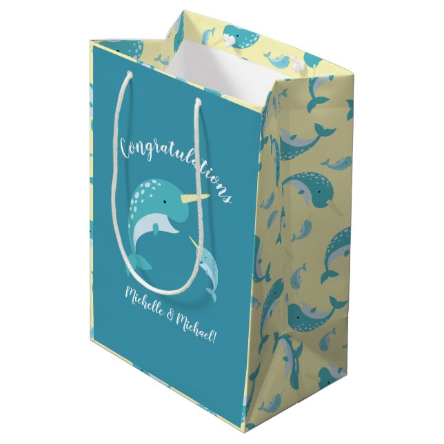 Narwhal Baby Shower Medium Gift Bag (Back Angled)