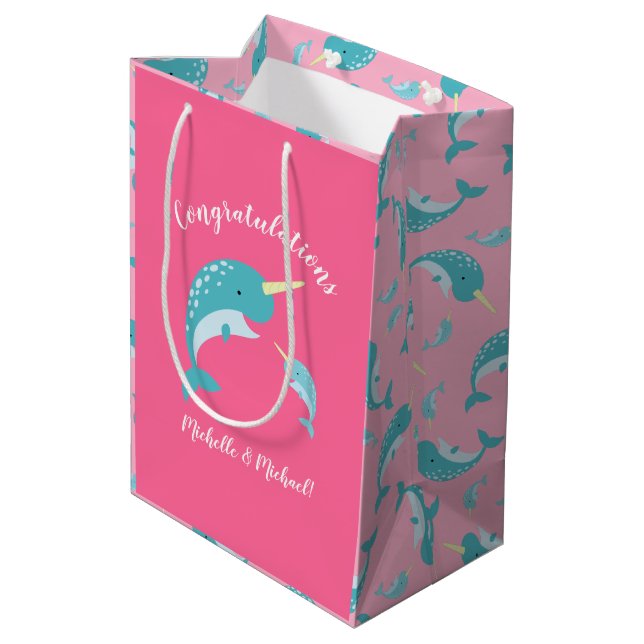 Narwhal Baby Shower Pink Girl Cute Medium Gift Bag (Back Angled)