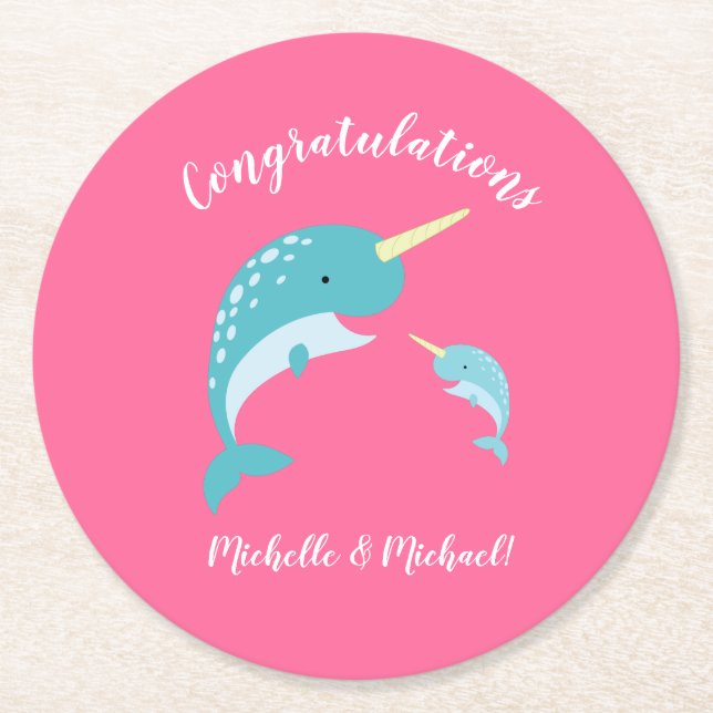 Narwhal Baby Shower Pink Girl Cute Round Paper Coaster (Front)