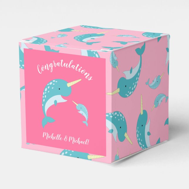 Narwhal Baby Shower Pink Girl Whale Favour Box (Front Side)