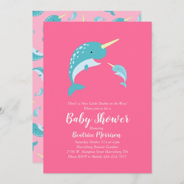 Narwhal Baby Shower Pink Girl Whale Invitation (Front/Back)