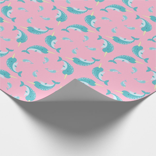 Narwhal Baby Shower Pink Girl Whale Wrapping Paper (Corner)
