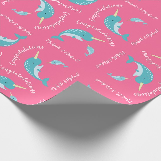 Narwhal Baby Shower Pink Girl Wrapping Paper (Corner)