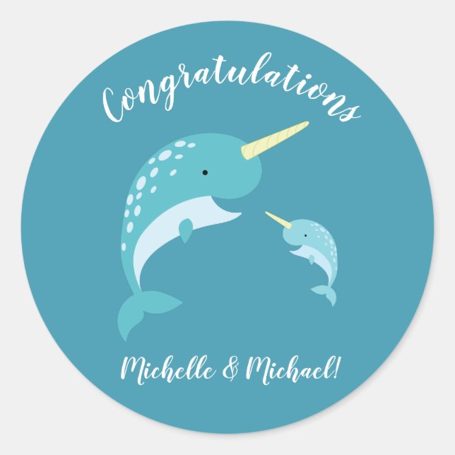 Narwhal Baby Shower Yellow Gender Neutral Whale Classic Round Sticker (Front)