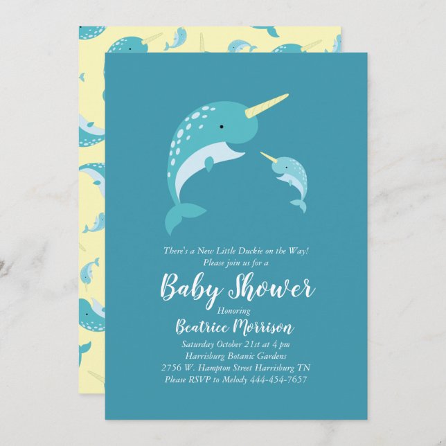 Narwhal Baby Shower Yellow Gender Neutral Whale Invitation (Front/Back)