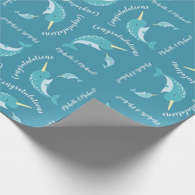 Narwhal Baby Shower Yellow Gender Neutral Whale Wrapping Paper (Corner)