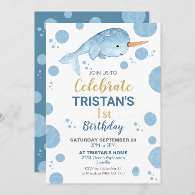 Narwhal Birthday Invitation Boy 1st Birthday (Front/Back)
