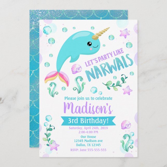 Narwhal Birthday Invitation Magical Party (Front/Back)