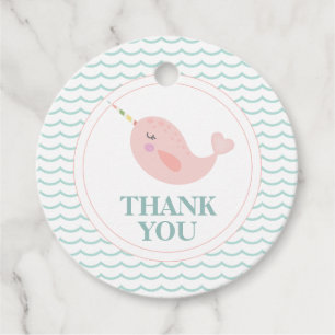Narwhal birthday party favour tags pastel pink