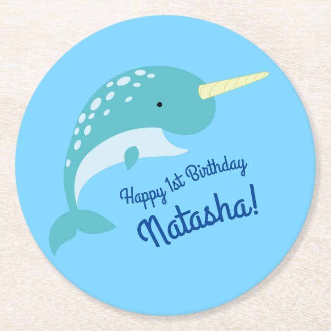 Narwhal Birthday Party Round Paper Coaster (Front)