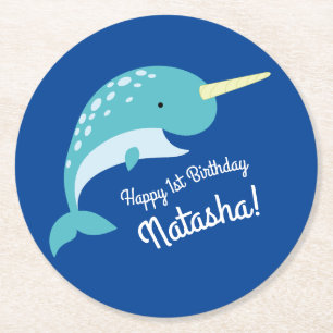 Narwhal Birthday Party Round Paper Coaster