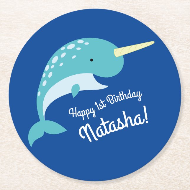 Narwhal Birthday Party Round Paper Coaster (Front)