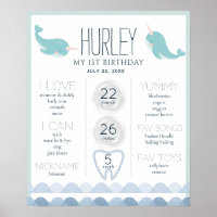 Narwhal Blue 1st Birthday Milestone Poster