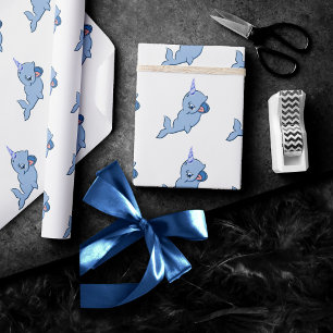 Narwhal Blue   Adorable Baby Kawaii Ocean Shower Wrapping Paper