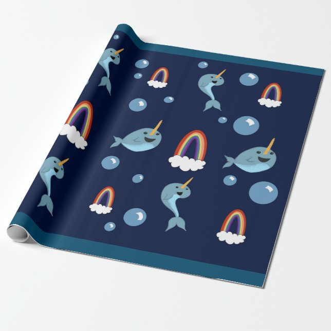 Narwhal, Bubbles and rainbow wrapping paper (Unrolled)
