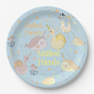 Narwhal, Dragon Pastel Blue Personalised Baby Blue Paper Plate