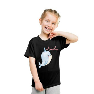 Narwhal Girl Birthday Add Name Personalised Black T-Shirt