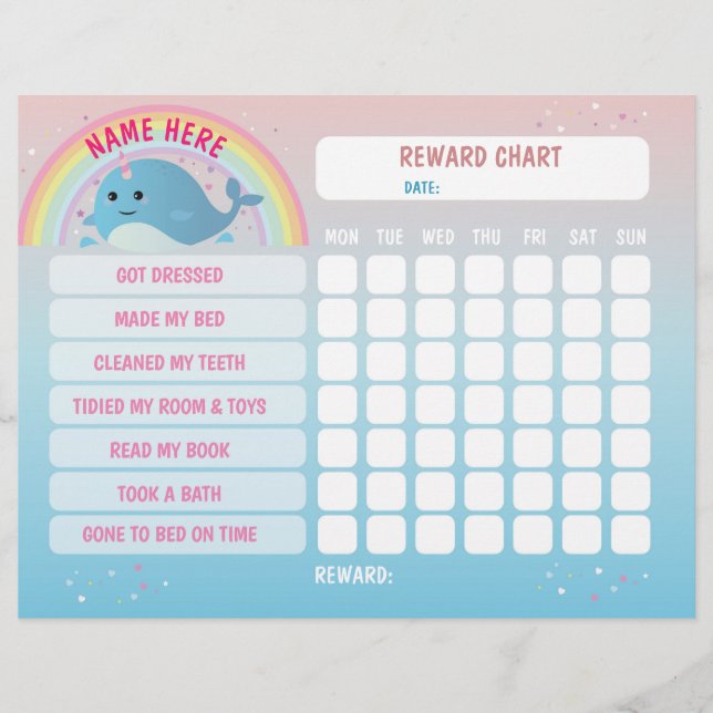 Narwhal Girl Reward Chart Personalised Planner Flyer (Front)
