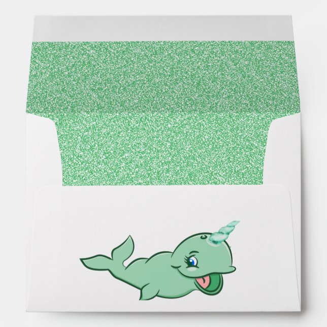 Narwhal Green | Cute Mint Chibi Cartoon Address Envelope (Back (Bottom))