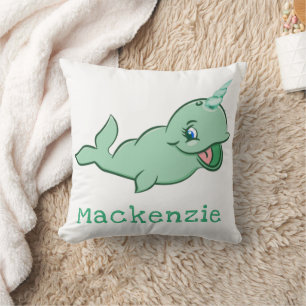 Narwhal Green   Cute Mint Chibi Cartoon Customised Cushion