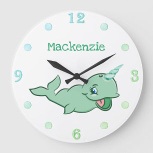 Narwhal Green Cute Mint Chibi Cartoon Customised Large Clock