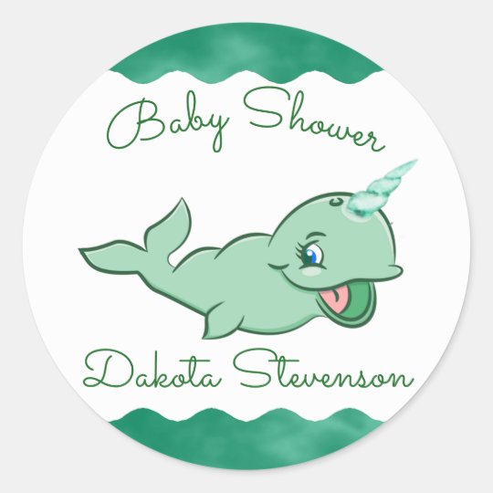Narwhal Green Cute Mint Chibi Cartoon Shower Classic Round Sticker Zazzle Com Au