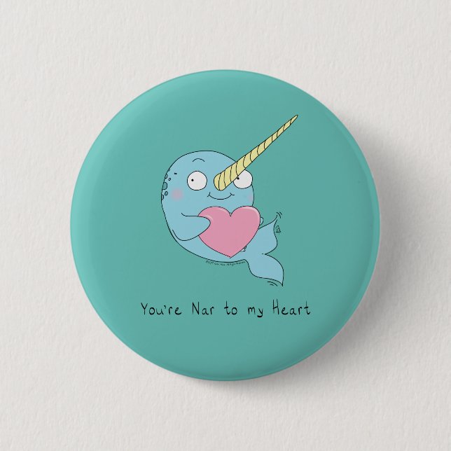 Narwhal Hugging Heart Valentine’s Day Button Pin (Front)