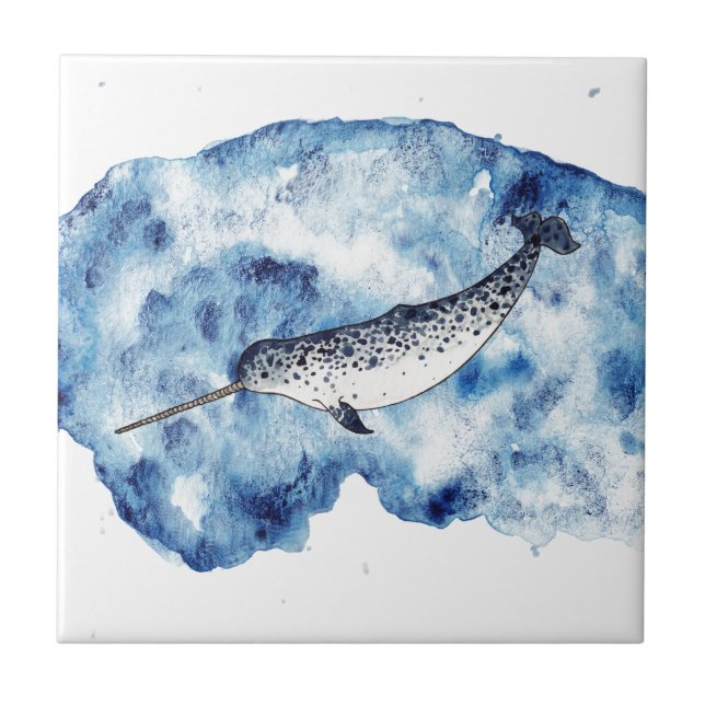 Narwhal in  a splash of watercolour ceramic tile (Front)