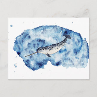 Narwhal in  a splash of watercolour postcard