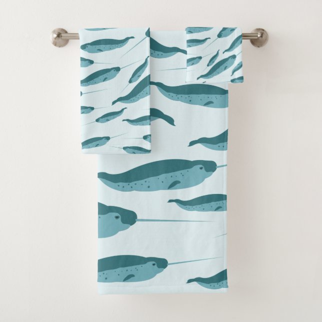 Narwhal in Blue Ocean Pattern Bath Towel Set (Insitu)