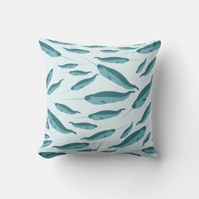 Narwhal in Blue Ocean Pattern Cushion (Front)