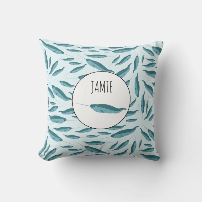 Narwhal in Blue Ocean Pattern Cushion (Front)