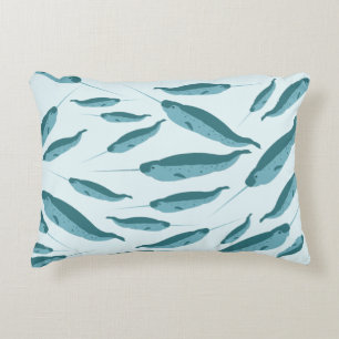 Narwhal in Blue Ocean Pattern Decorative Cushion