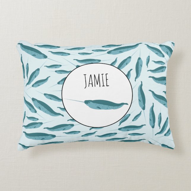 Narwhal in Blue Ocean Pattern Decorative Cushion (Front)