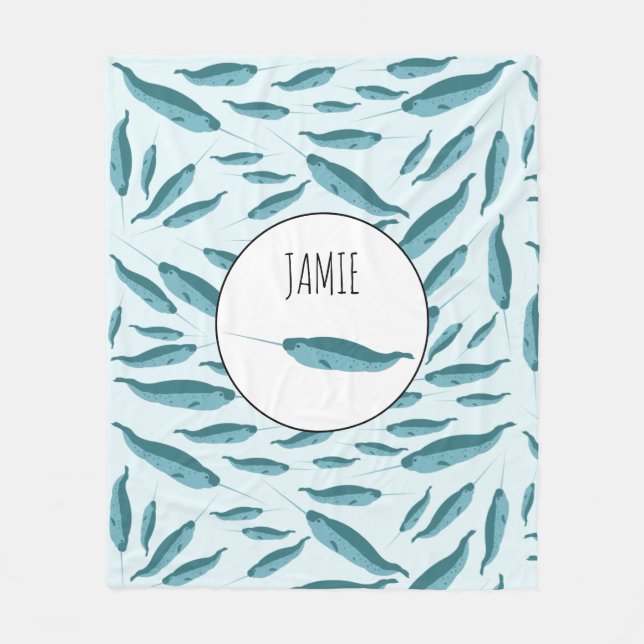 Narwhal in Blue Ocean Pattern Fleece Blanket (Front)