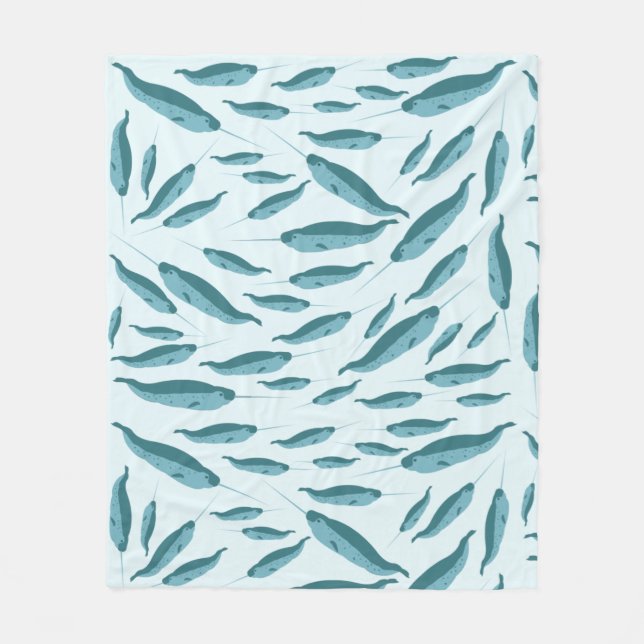 Narwhal in Blue Ocean Pattern Fleece Blanket (Front)