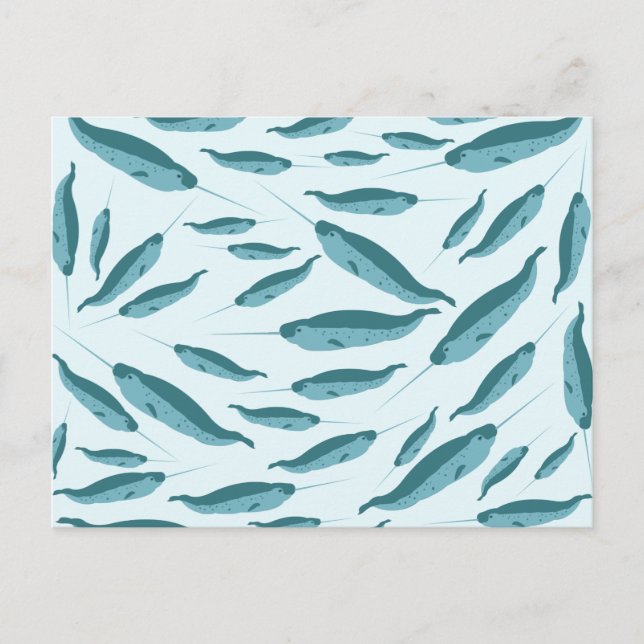 Narwhal in Blue Ocean Pattern  Holiday Postcard (Front)