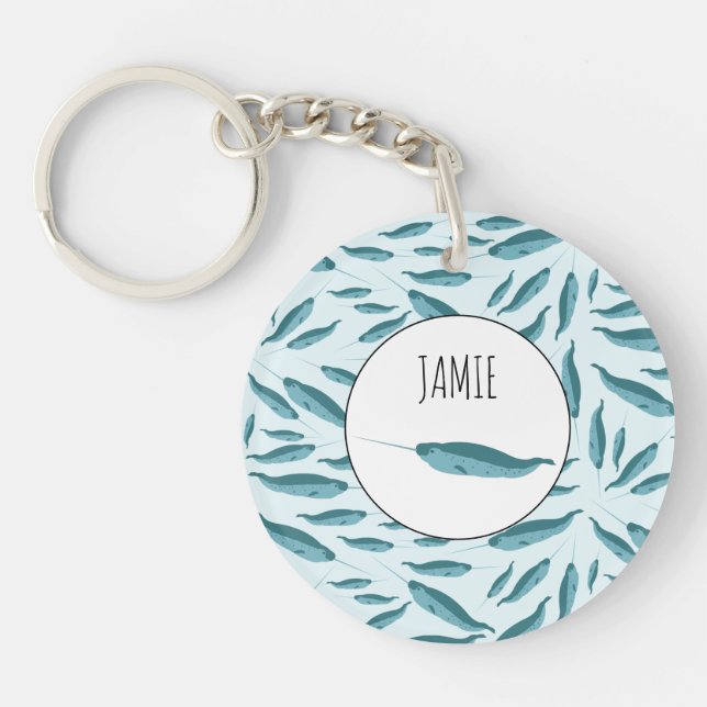 Narwhal in Blue Ocean Pattern Key Ring (Front)