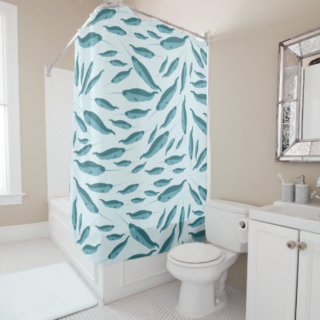 Narwhal in Blue Ocean Pattern Shower Curtain (In Situ)