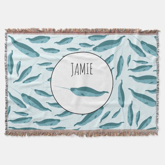 Narwhal in Blue Ocean Pattern Throw Blanket (Front)