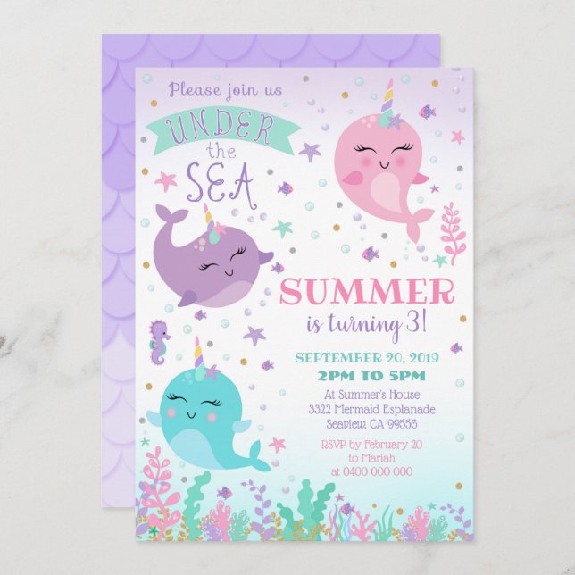 Narwhal Invitation Girl Under the Sea (Front/Back)