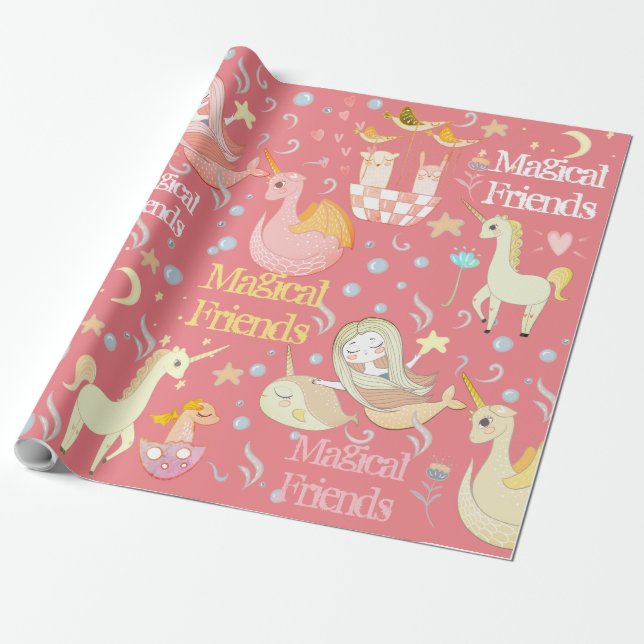 Narwhal Mermaid Unicorn Dragon Whimsical Custom Wrapping Paper (Unrolled)